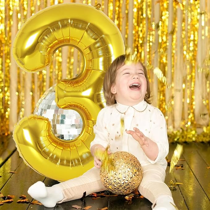 Gold Number 3 Balloon 40 Inch, Big Large Foil Helium Number Balloons, Giant Mylar Number 3 Balloons for 3 Year Old Birthday Party Decorations Supplies Anniversary