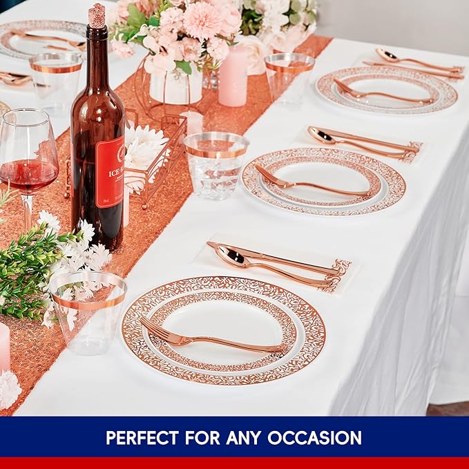 𝟮𝟭𝟬 Count Rose Gold Plastic Dinnerware Disposable Plates 30 Dinner & 30 Dessert Plates & 30 Cups & 30 Rose Gold Paper Napkins & 30 Plastic Silverware Set