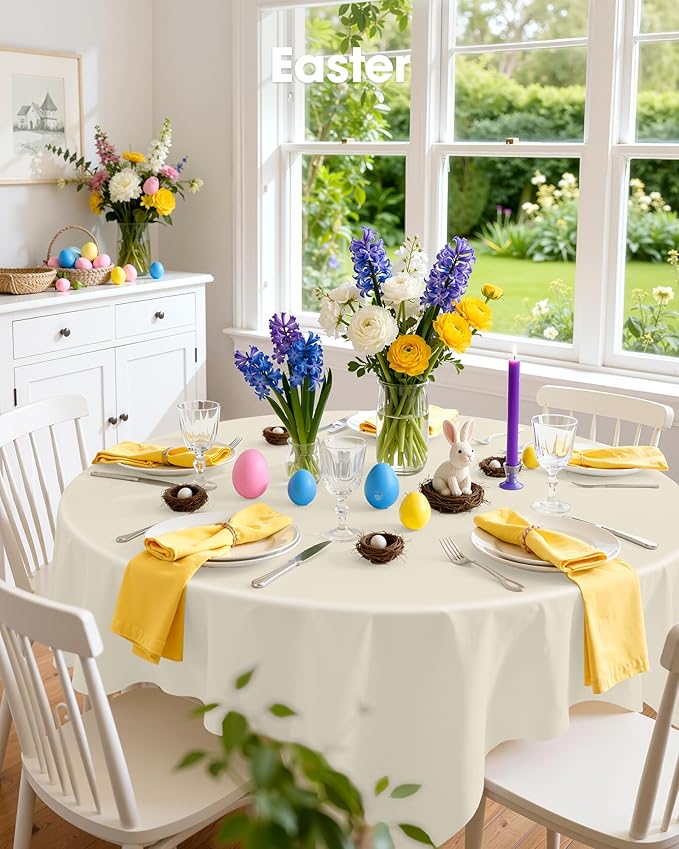 Pureegg Plastic Table Cloth Disposable 6 Pack, 84'' Round Table Cloths, Party, Wedding, Thanksgiving Decorations, Fall Tablecloths, Round, Beige Plastic Cover, Waterproof, Cream, Ivory