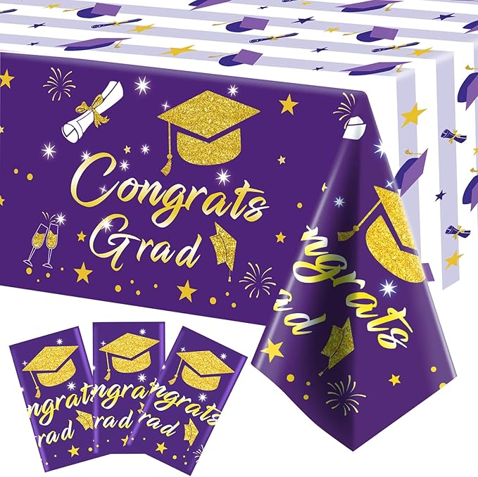 Graduation Tablecloth Party Decorations 2026, 3 Pack Purple Large Size 54"x108" Congrats Grad Disposable Rectangle Table Covers Plastic Table Cloth for College High School Class of 2026 Party Supplies