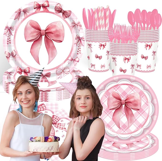 194PCS Pink Bow Plates Birthday Decorations for 24 Guests – GalaHub Coquette Party Supplies with Bow Cups, Cutlery, Tablecloth & Banner – Bow-Themed Party Decor for Girls & Women