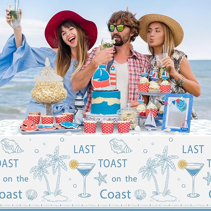 K1tpde 3PCS Last Toast On The Coast Bachelorette Party Tablecloth for Adult, Coastal Themed Blue Wine Cup Shell Starfish Plastic Tablecloth, Disposable Tablecover for Bridal Shower Summer Party Decor