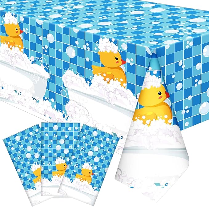 Oudain 3 Pcs Plastic Yellow Duck Tablecloth Disposable Cute Bubble Rubber Yellow Ducky Table Cover for Birthday Party Decorations Supplies, 51 x 86.6 Inch