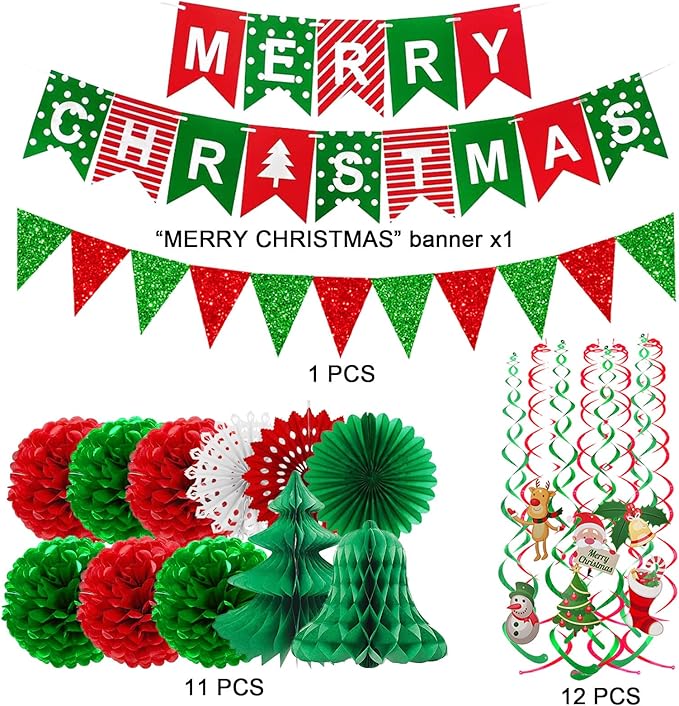 Fecedy MERRY CHRISTMAS Hanging Paper Banner Pom poms Paper flower Fan Swirl Streamers&Christmas tree Santa Claus Banner For Merry Christmas Party Decorations