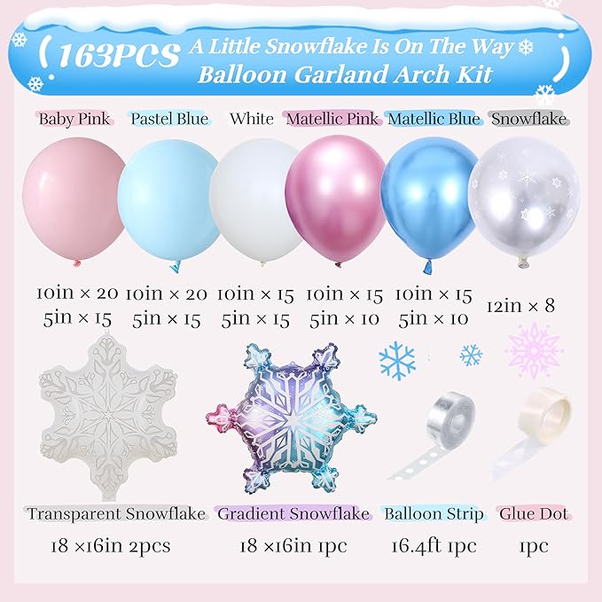 163pcs Little Snowflake Balloon Arch Kit - Metallic Pink Blue White Latex Balloons with Snowflake Foil Balloons for Winter Wonderland Party, Gender Reveal, Baby Shower, 1st Birthday Decorations