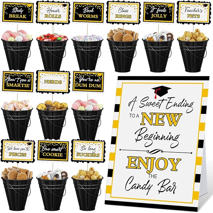 12 Set 2026 Graduation Candy Buffet Party Decoration Graduation Table Candy Bar Snack Labels Signs and 5'' Buckets with Handle for Class of 2026 Party Parties Supplies(Plaid Border Style,Black)
