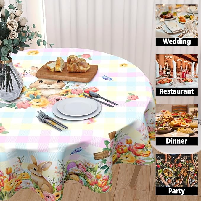 Easter Rabbit Round Tablecloth Pink Blue Pliad Circle Table Cloth 70 Inch Farmhouse Floral Table Cover Washable Polyester Indoor Decorations for Home Kitchen Dinning Party