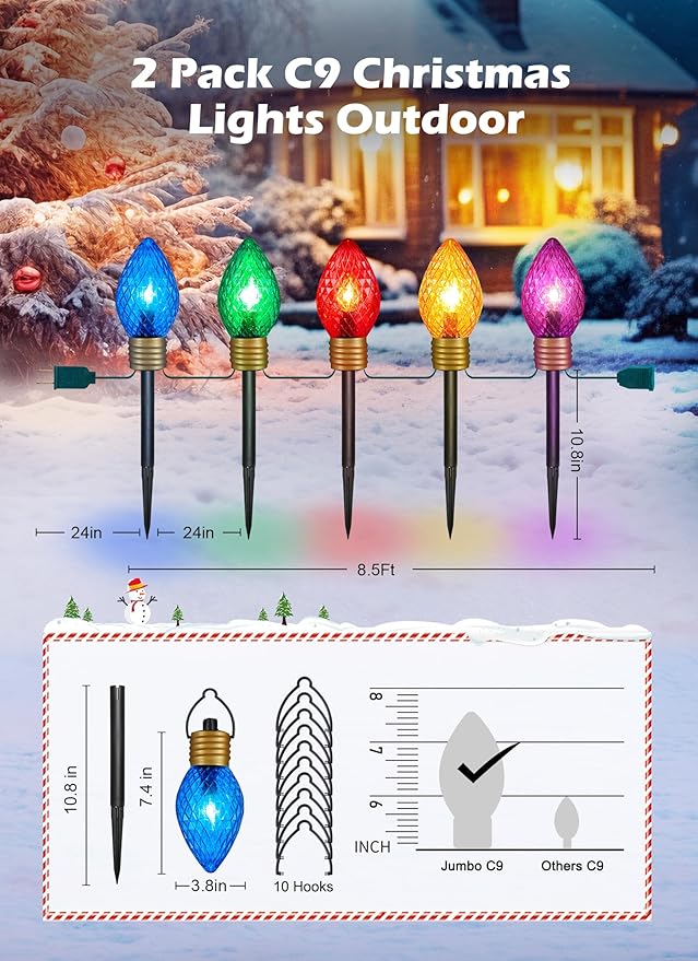 Strawberry Jumbo Lights C9 Christmas Pathway Lights Outdoor - 2 Pack 10.5 Feet 5 Lights C9 Walkway Lights, C7 Lights Covered Jumbo Multicolor Light Bulb Outdoor Decorations for Lawn Garden Outside