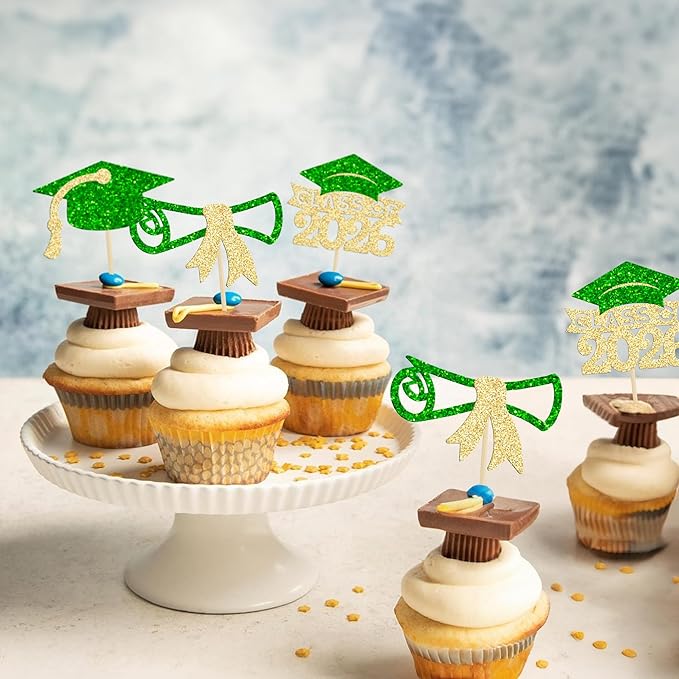 Gyufise 24Pcs 2026 Graduation Theme Cupcake Toppers Glitter Diploma Graduation Cap Class of 2026 Cupcake Picks for 2026 Graduation Theme Party Cake Decorations Supplies Gold Green