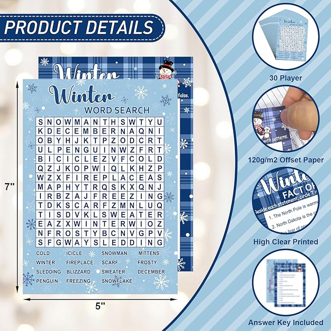 COCHIE 30 Players Winter Holiday Christmas Party Games for Adults Family Office Large Groups, Word Search Game, Guesstures Game, Fact or Flake Games with Answer Key (Winter Search)