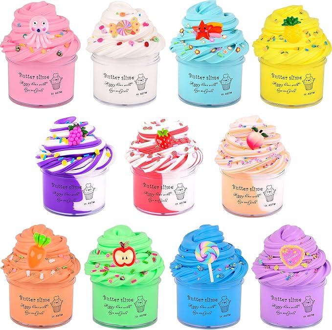 Butter Slime Kit 11 Pack, Scent, Stretchy, and Non-Sticky, with Peach Strawberry, Grape Slime Charms, Stress Relief, Educational Slime, Birthday Gifts Prize Party Favors for Girl Boys Kids 6-12