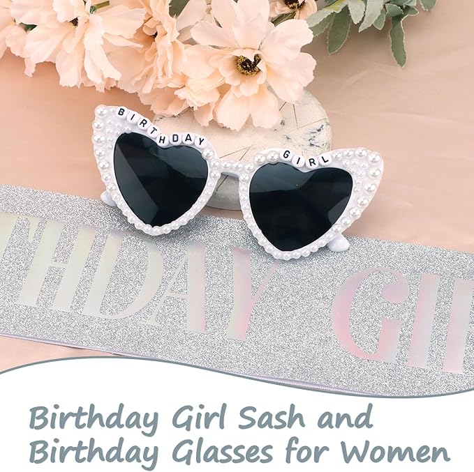 Birthday Girl Sash & Glasses Set, Birthday Sash for Women Girls, Silver 70.8" x 3.75", Happy Birthday Accessories Party Favors Set for Women Girls