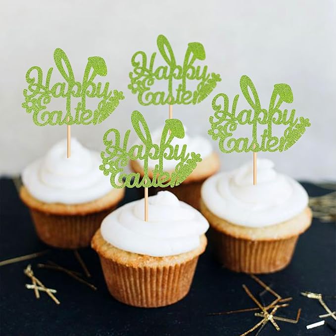 Ercadio 24Pcs Happy Easter Cupcake Toppers Glitter Green Happy Easter Bunny Ears Cupcake Picks for Easter Day Theme Baby Shower Easter Birthday Party Cupcake Decorations