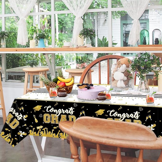 chiazllta Set of 3 Graduation Tablecloths Class of 2026 Congrats Grad Black Graduation Party Tablecover Decorations Party Supplies Large Size Plastic 54"x108"(Black & Gold)