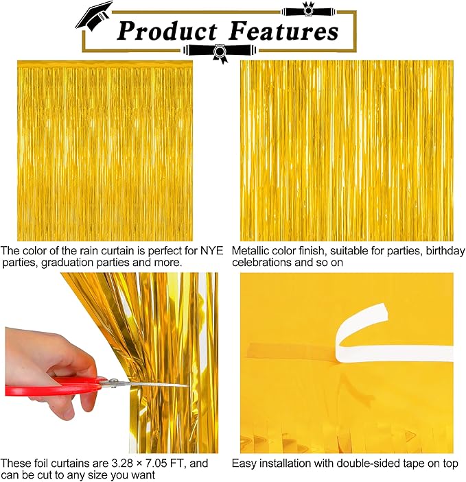 4 Pack 2026 Graduation Party Decorations, 3.28 x 7.05 Feet Gold Grad Curtains, Metallic Gold Backdrop Curtain Class of 2026 Backdrop Party Streamer, Congrad Backdrop Grad Decor 2026