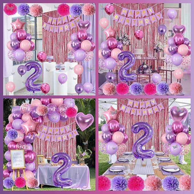 Pink Purple 2nd Birthday Party Decorations for Girls Number 2 Balloon Happy Birthday Banner Butterfly Stickers Fringe Curtain Paper Pom Poms Metallic Hot Pink Star Foil Balloons Baby 2 Year Old Decor