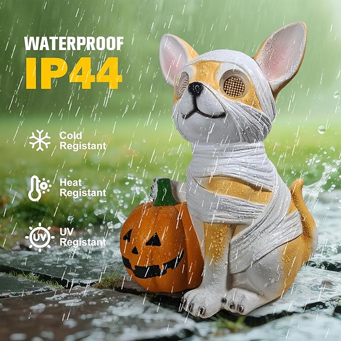 Halloween Decorations, Halloween Dog Statue Holding Pumpkin, with 360°Rotating Glowing Eyes and Solar Power,Outdoor Dog Statue for Front Door Porch, Yard, Lawn, Garden &Spooky Gifts