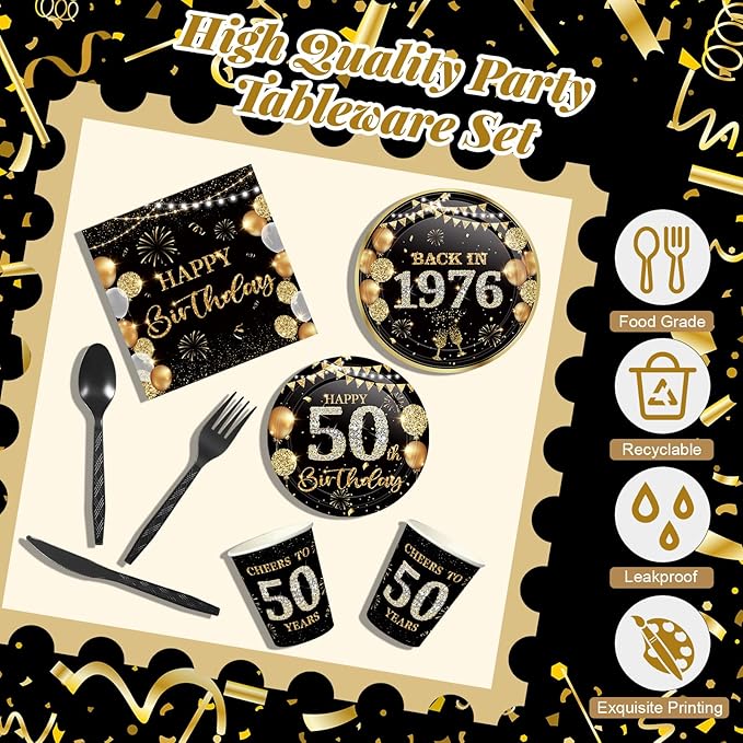 240 Pcs 50th Birthday Decorations 1976 Birthday Party Tableware Include Plates Napkins 9oz Cups Cutlery 50th Anniversary Party Supplies for Men Women Him Her, Serve 30 Guests (Black Gold)