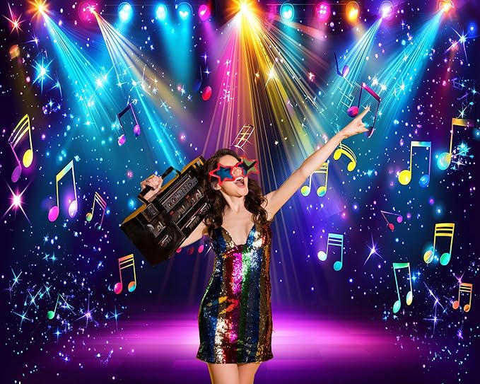 AIIKES 10x8ft Rainbow Stage Photography Backdrop1980s Colorful Disco Backdrop Rock Music Glow Neon Dance Birthday Party Decorations Backdrop XY142