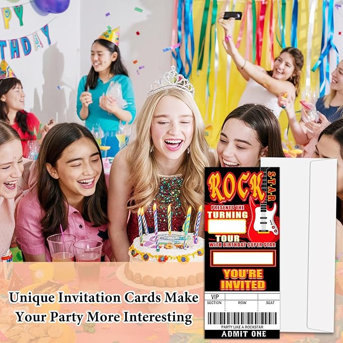 Rockstar Birthday Invitation Ticket, Rock Star Birthday Invitation for Teen Adult, 20 Pop Star Ticket With Envelopes, 3.5 x 8" Double-Sided Fill In Birthday Party Personalized Invites Cards - Red