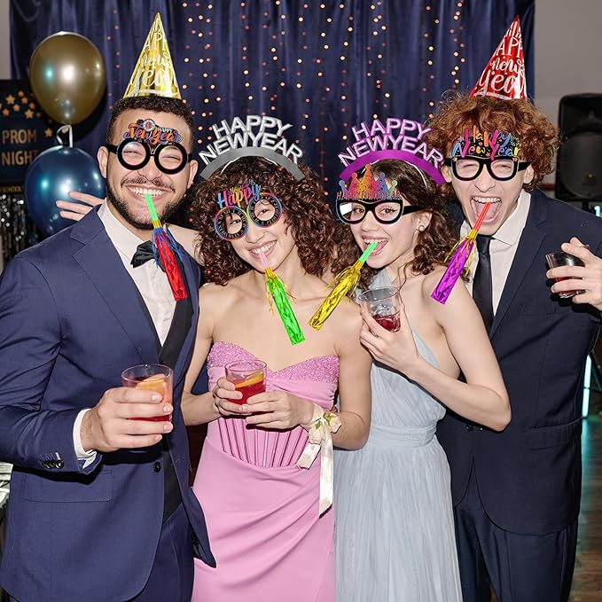 Openfly 36Pcs New Years Eve Party Supplies 2026 Happy New Year Hats Headband Tiara Noise Makers Paper Glasses Party Favors