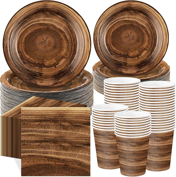 250 Pieces Rustic Wood Grain Party Tableware Set - Disposable Paper Plates, Cups & Napkins for 50 Guests - Lumberjack, Farmhouse, Camping, Forest Theme Birthday Decorations(Brown)