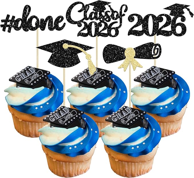 Gyufise 30Pcs 2026 Graduation Cupcake Toppers Gold Glitter Class of 2026 Cake Toppers Graduation Done Cupcake Picks Grad Cap Diploma Cake Decorations for 2026 Graduation Theme Party Cake Decorations