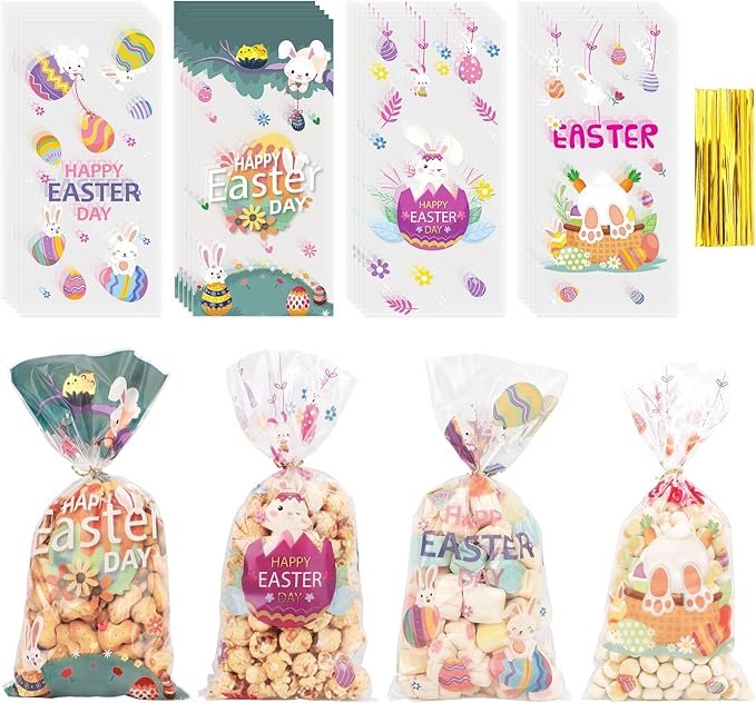 Easter Goodie Bags, 200 PCS Easter Cellophane Treat Bags, Easter Cookie Snack Candy Party Favor Ziplock Cookie Bags Holiday Candy Bags Easter Plastic Gift Bags for Gift Giving Easter Decorations
