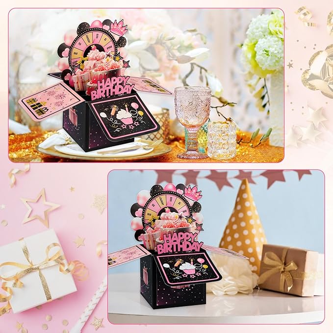 FaCraft Pop Up Birthday Card for Girl - 3D Handmade Spinning Wheel Design with Envelope & Blank Insert, Pink Interactive Happy Birthday Greeting Card for Daughter, Teens & Loved Ones