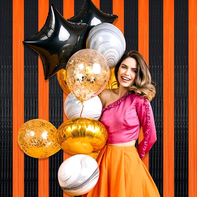 3 Pack Black Orange Foil Fringe Curtain Backdrop, 3.28Ft x 8.2Ft Metallic Tinsel Foil Fringe Streamer Curtains for Photo Booth, Mother's Day, Easter, Birthday, Wedding Party Decorations