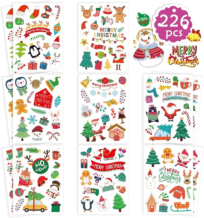 16 Sheets Christmas Theme Stickers, Merry Christmas Stickers Non-Repeating, Xmas Winter Holiday Party Stickers, Christmas Goodie Bag Fillers Christmas Party Favors Decorations