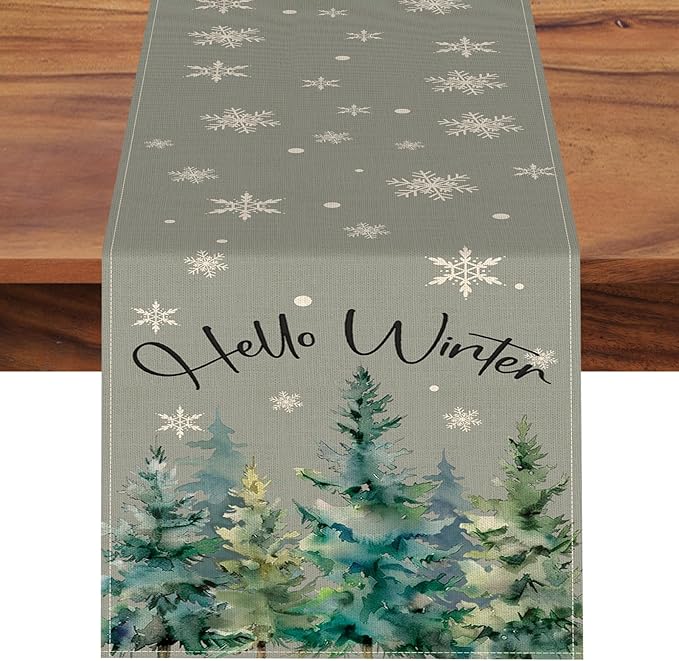 Hello Winter Pine Tree Grey Dining Table Runner, Watercolor Snowflake Burlap Kitchen Decoration, Farmhouse Christmas Indoor Outdoor Home Decor Party Supply 13 x 72 Inches