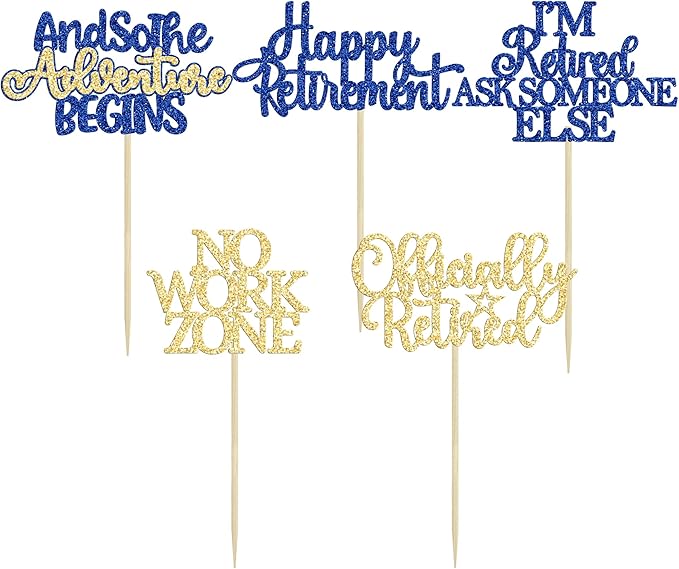 Gyufise 30Pcs Happy Retirement Cupcake Toppers Officially Retired Cake Toppers No Work Zone Adventure Begins Cupcake Picks for Retirement Theme Farewell Birthday Party Decorations Supplies Blue Gold