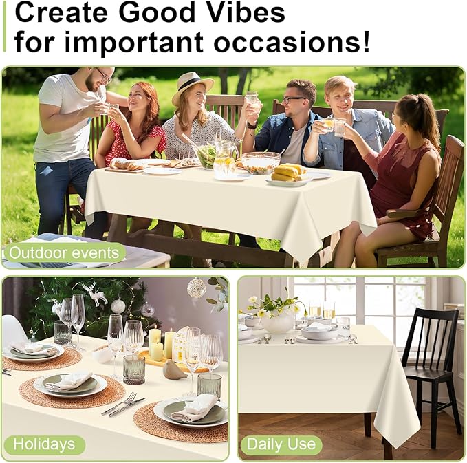 QIKSION Ivory Plastic Table Cloth Disposable 2 Pack, 54 x 108 Inch Beige Tablecloths for Party, Baby Shower, Harvest, Fall, Thanksgiving Decorations, Cream Rectangle Table Cover