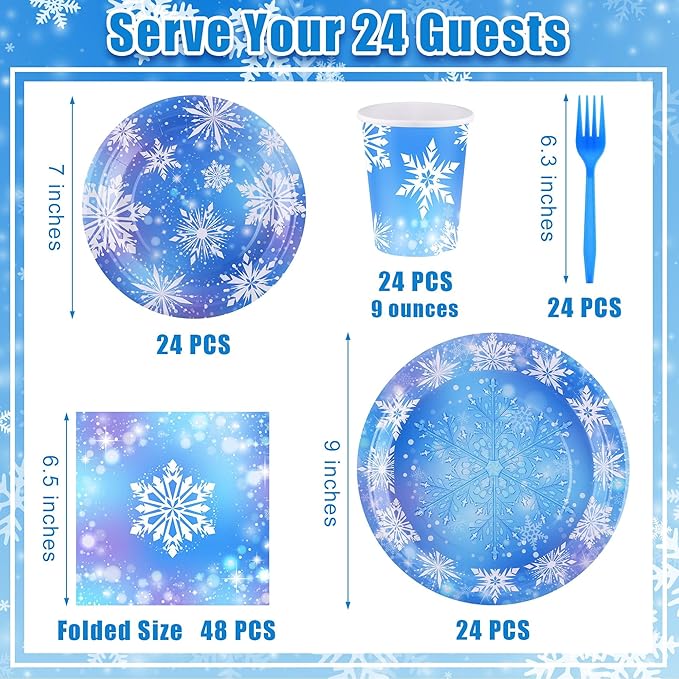 durony 144 Pieces Frozen Paper Plates and Napkins Dinnerware Set Winter Snowflake Party Tableware Supplies Includes Paper Plates Napkins Forks Serve 24 for Christmas Party Supplies