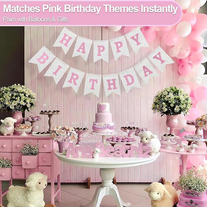 Happy Birthday Banner - Pre‑Strung Burlap Birthday Decorations and Reusable Birthday Sign for Men, Women & Kids | Party Supplies Backdrop (Pink)