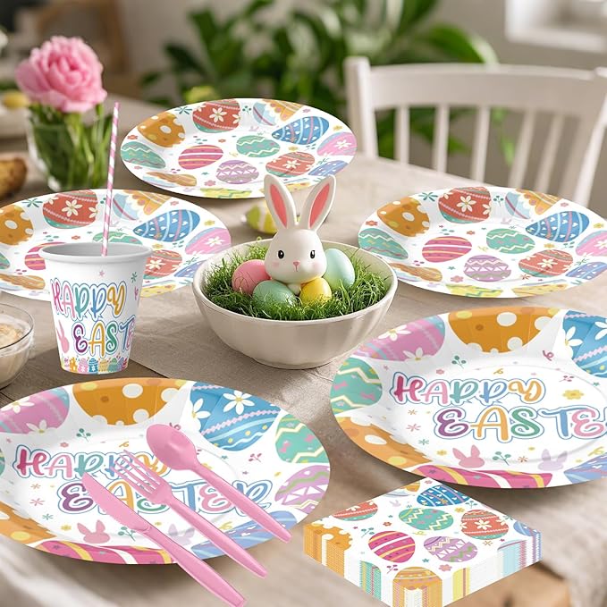 200PCS Easter Plates and Napkins Tableware Set, Easter Eggs Designed Disposable Dinnerware with Paper Plates, Napkins,Paper Cups,knives,Forks,Spoons and Straws for Party Supplies- Serves 25