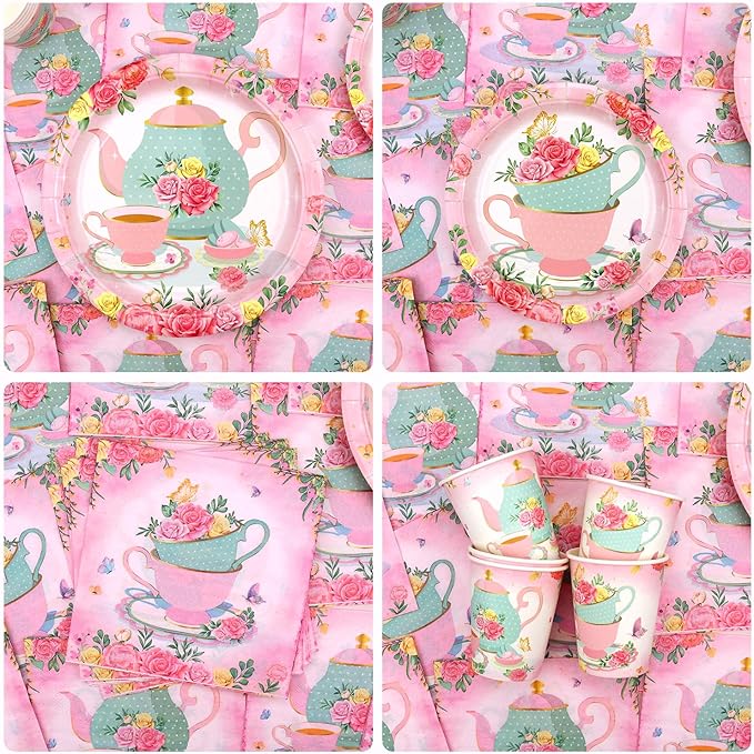 KEFAN Tea Birthday Party Decorations, Tea Theme Party Tableware Supplies including HAPPY BIRTHDAY Banner, Plates, Cups, Napkins, Tablecloth, Balloons for Girls Birthday Party, Serves 20