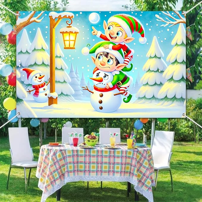 Christmas Banner Elf Snowman Holiday Wall Backdrop Cute Cartoon Winter Wonderland Decoration Indoor Outdoor Party Supplies Kids Room Fence Photo Background Scene 71 X 43 Inches