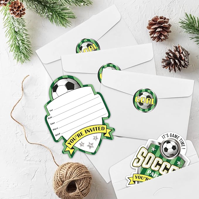 REWIDPARTY Soccer Birthday Party Invitations with Envelopes & Stickers（Set of 15）Soccer Game Shaped Fill-in Invitations Soccer Party Invite Cards Soccer Sport Party Invites Supplies for Kids Adults