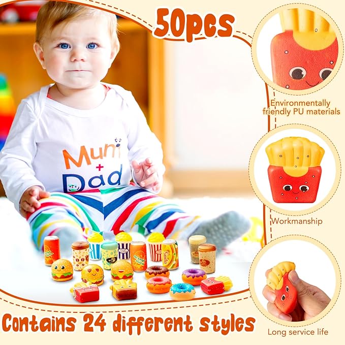 Leyndo 50 Pcs Mini Food Toys Bulk Kids Cute Slow Rising Food Party Favors Kawaii Hamburger Donut Soft Squeeze Sensory Fidget Stress Relief Gifts for Girls Boys Class Prize Goodie Bag Fillers