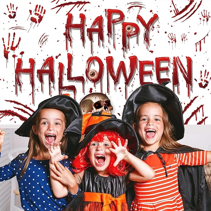 Red Happy Halloween Backdrop Banner Photography Background for Home Garden Outdoor Wall Terror Thriller Scary Themed Halloween Party Decorations Supplies 72.8 * 43.3in