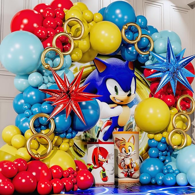 ALL-IN-1 Hedgehog Balloon Arch Kit with BONUS Rings & Starburst Balloons - Red Blue Yellow Balloons Garland for Cartoon Hedgehog Birthday Party Decorations & Party Supplies - Somic Party Decorations S