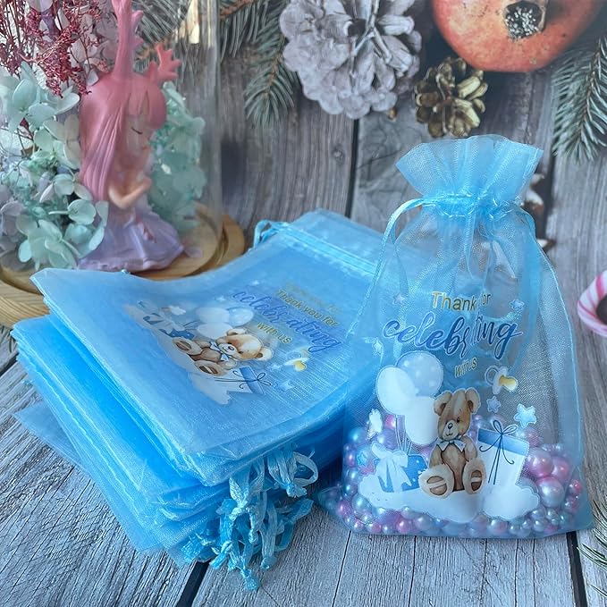 LXKBD 50PCS Organza Bags for Baby Shower Party Favor,4x6 Inch Small Blue Sheer Drawstring Mesh Pouch for Boy Birthday Gift Bag