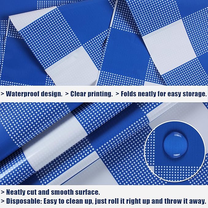 3 Packs Blue Checkered Tablecloth 54 x 108 Inch Waterproof Rectangular Plaid Tablecloth Disposable Plastic Table Cover for Holiday Birthday Party