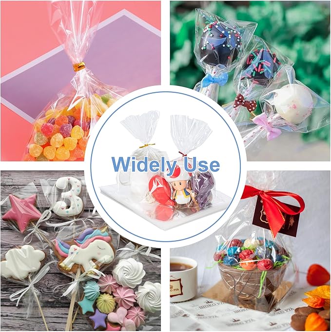 Cello Cellophane Treat Bags, 200 Pcs 4x6 Inches Clear Cellophane Bags with 200 Twist Ties for Gift Wrapping,Packaging Candies,Dessert,Bakery,Party Favors