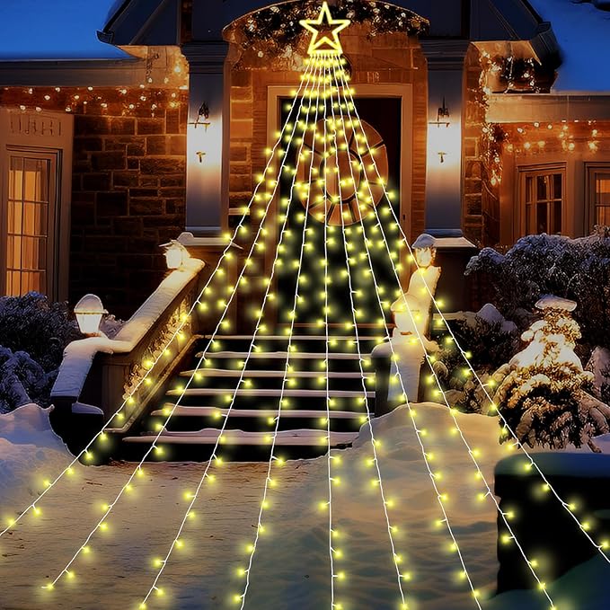 Christmas Decorations Outdoor, 11.5 ft 317 LED Star Christmas Tree Lights, 8 Memory Lighting Modes&Timer Star Light for Yard, Wedding, Party, Decorations（Warm