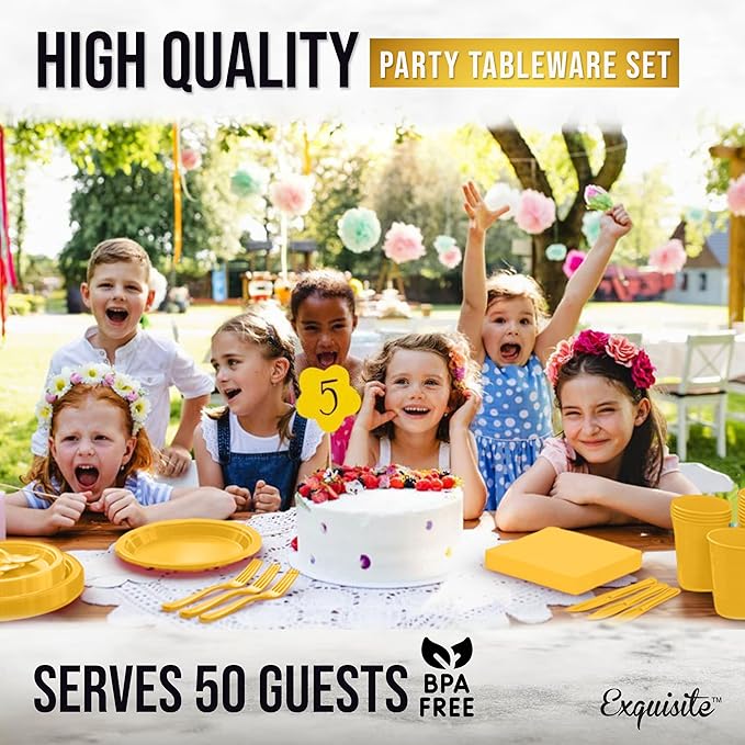 350 Pcs Yellow Plastic Plates For Party, Yellow Disposable Plates Set, 50 Of Each 9" Dinner Plate Set, 7" Dessert Plate, Cups, Napkins & Cutlery Plastic Dinnerware Set Exquisite
