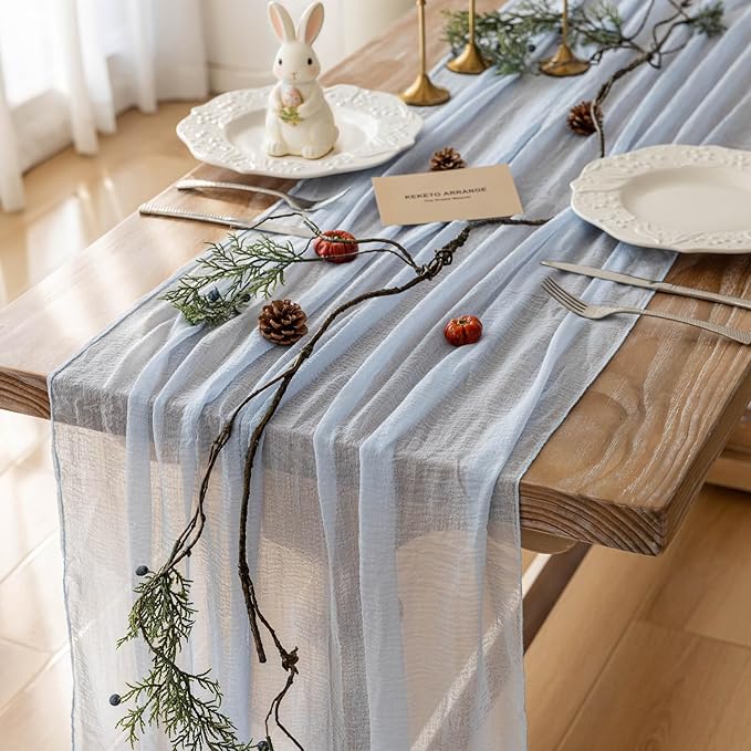 Keketoarrange 3pcs Light Blue Gauze Rustic Cheesecloth Table Runner 120 Inch 10 FT for Wedding Baby Shower Bridal Shower Birthday Engagement Garden Outdoor Party Long Sheer Boho Decorations