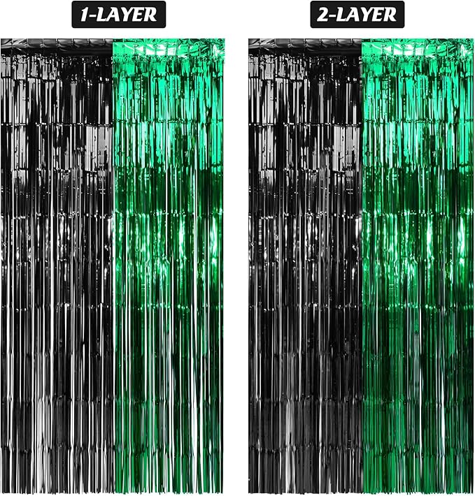 6Pack 3.3Ft x 6.6Ft Graduation Foil Fringe Curtain Backdrop Decorations, Green Black Metallic Tinsel Foil Streamers Curtain Photo Booth Background for Graduation Prom Wedding Birthday Party Decoration